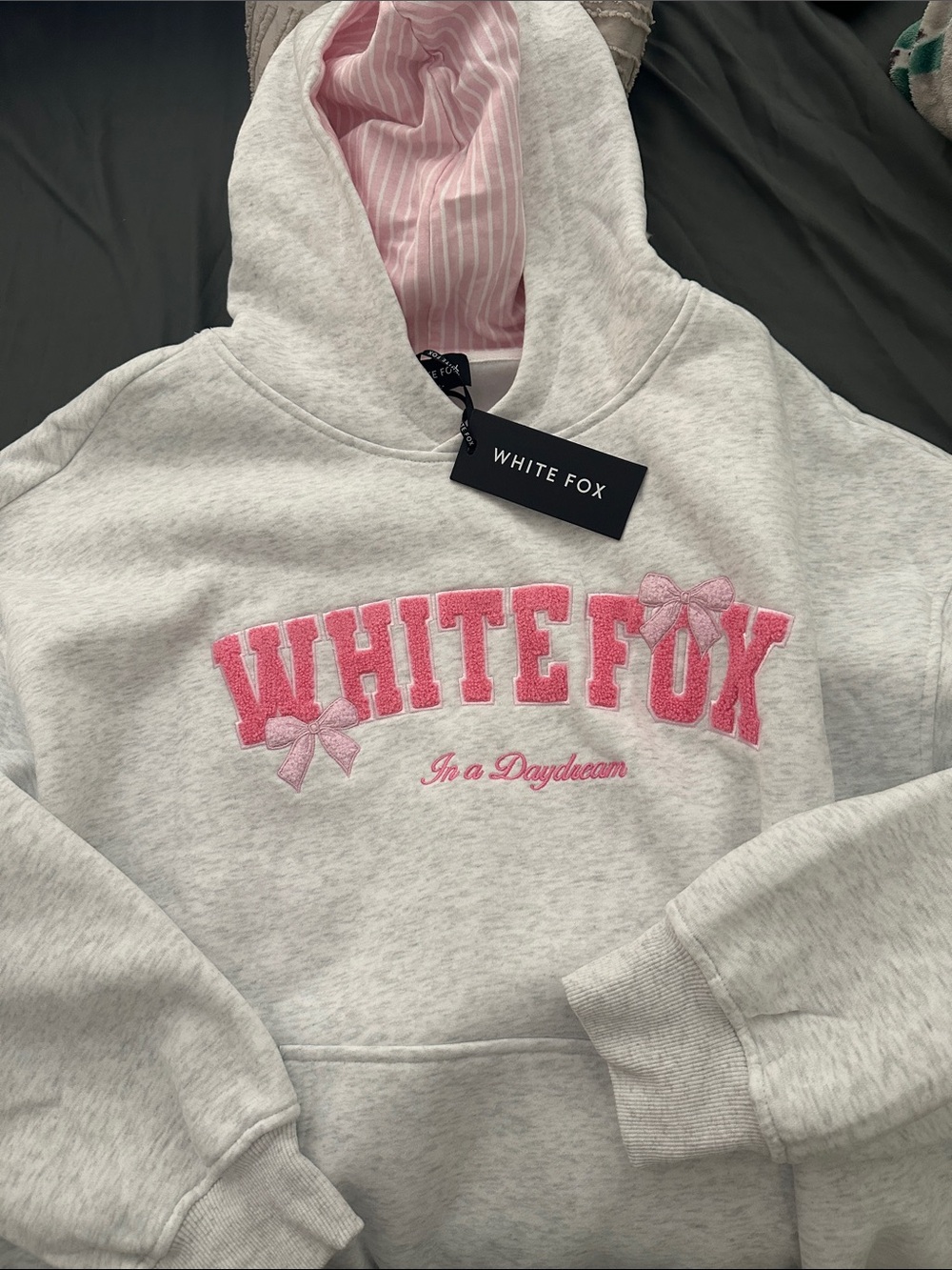 White Fox Boutique Light Gray Hoodie with Pink Embroidered Logo (NWT)